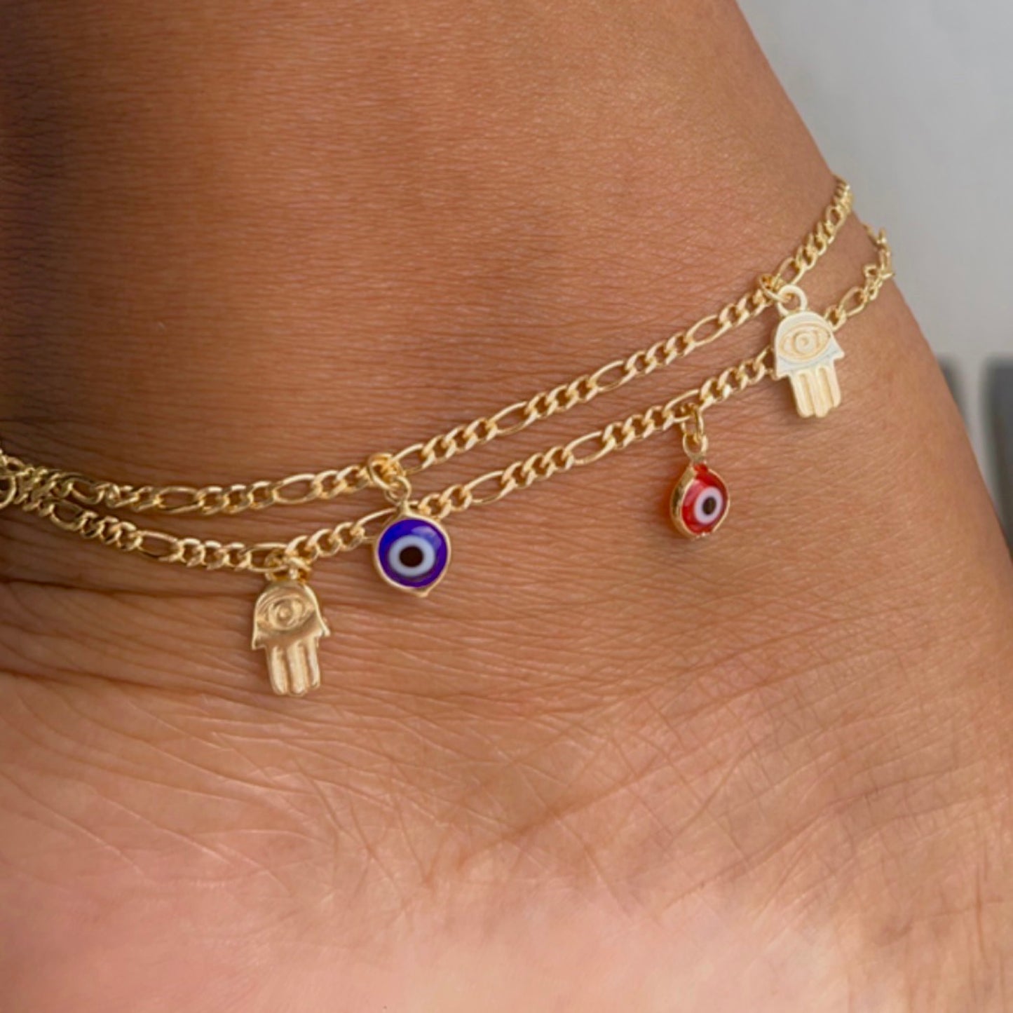 Figaro Link Evil Eye Anklet-18k Gold Filled